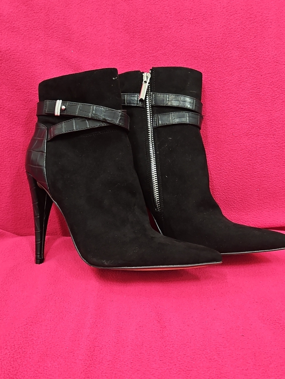 JustFab Black Suede Pointed Toe Ankle Booties with Croc-Trim Strap